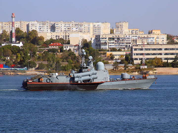 Missile Corvette Ivanovets of the Russian Black Sea Fleet and the Northern side of Sevastopol