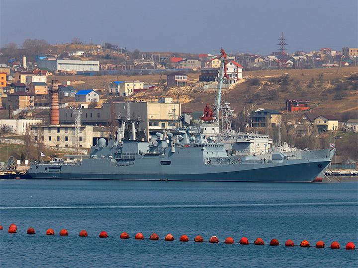 Frigate Admiral Makarov of the Black Sea Fleet at the berth in Sevastopol behind the booms