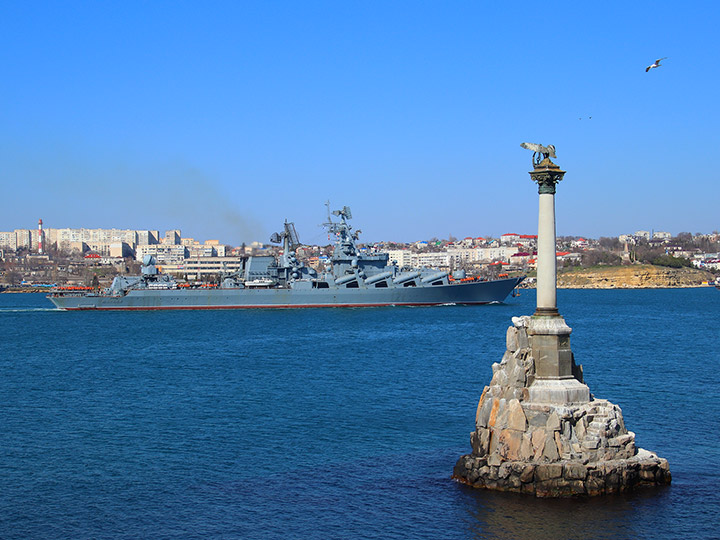 Guided missile cruiser Moskva and the Monument to the Sunken Ships, Sevastopol