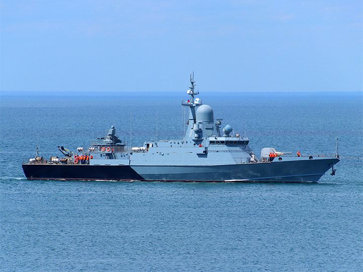 The RFS Tsiklon, a Karakurt Class missile corvette at the roadstead of Sevastopol