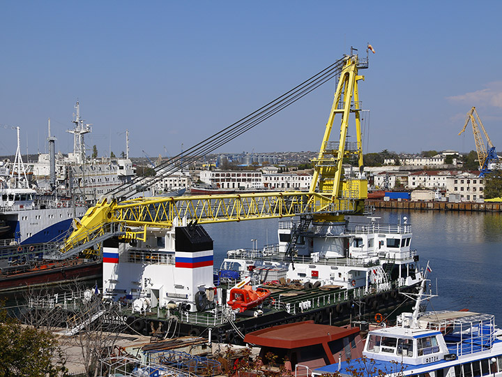 Self-Propelled Floating Crane SPK-54150 at pier in Southern Bay, Sevastopol